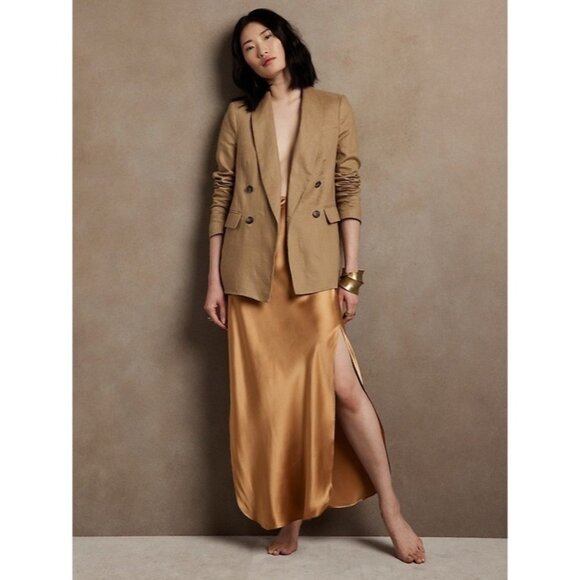Banana Republic Dreamer Silk Gold Copper Slit High Waist Straight Maxi Skirt XS - Picture 1 of 8